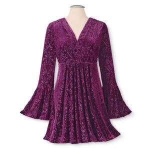 Medallion Burnout Velvet Tunic Raspberry Damask Goth V-Neck Bell Sleeves NWOT